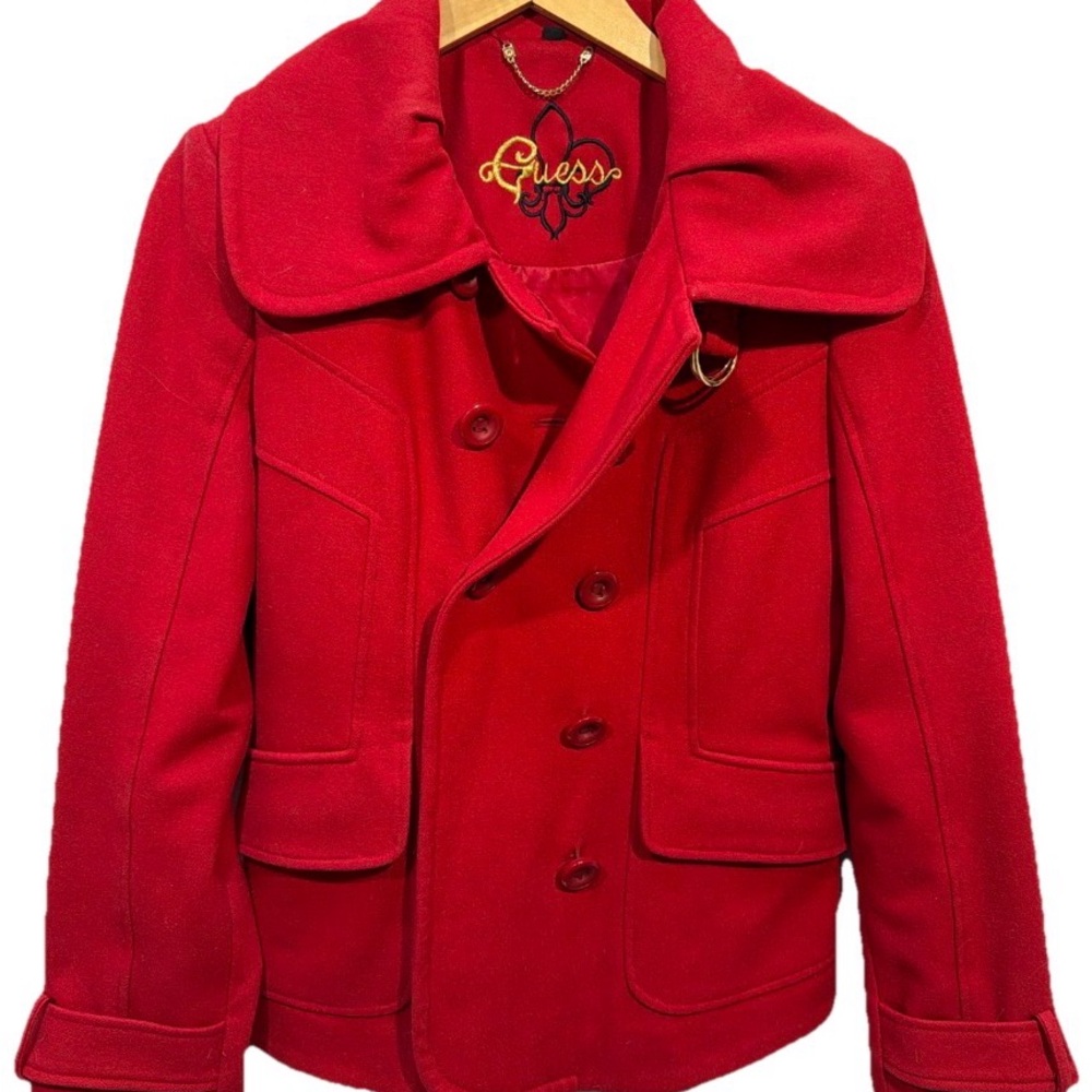 Guess Red Wool Peacoat Women’s Medium Holiday Winter Coat Embroidered Logo